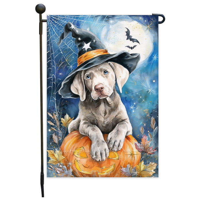 Weimaraner Halloween Garden Flag Pumpkin Witch Hat Moon Dog Yard Banner Fall Outdoor Decor 12.5 x 18 Inch