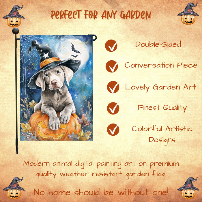 Weimaraner Halloween Garden Flag Pumpkin Witch Hat Moon Dog Yard Banner Fall Outdoor Decor 12.5 x 18 Inch
