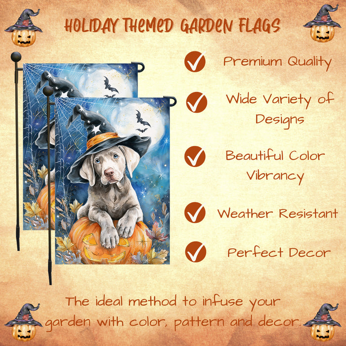 Weimaraner Halloween Garden Flag Pumpkin Witch Hat Moon Dog Yard Banner Fall Outdoor Decor 12.5 x 18 Inch