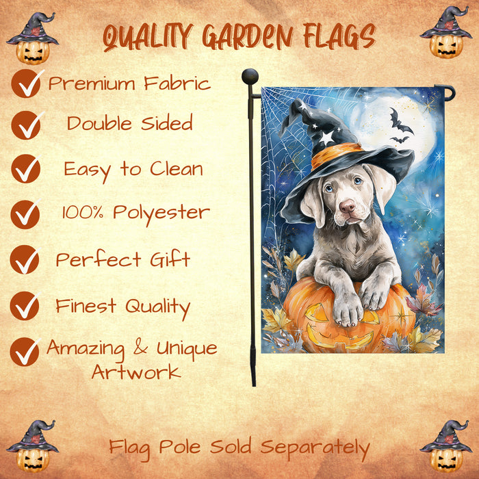 Weimaraner Halloween Garden Flag Pumpkin Witch Hat Moon Dog Yard Banner Fall Outdoor Decor 12.5 x 18 Inch