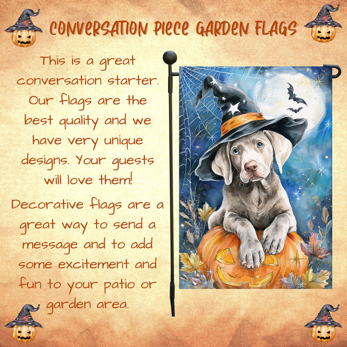 Weimaraner Halloween Garden Flag Pumpkin Witch Hat Moon Dog Yard Banner Fall Outdoor Decor 12.5 x 18 Inch