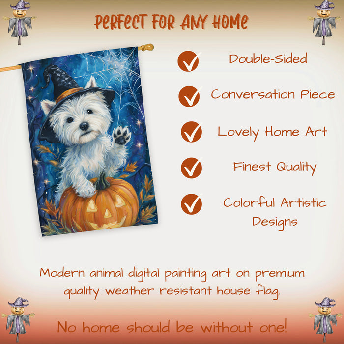 Westie Halloween House Flag Pumpkin Witch Hat Dog Large Outdoor Banner Fall Porch Yard Decoration 28 x 40 Inch