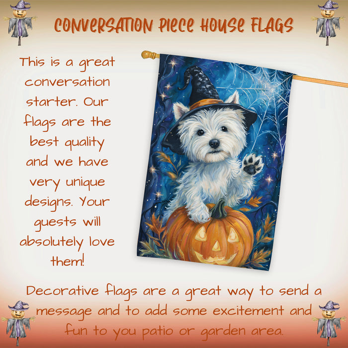 Westie Halloween House Flag Pumpkin Witch Hat Dog Large Outdoor Banner Fall Porch Yard Decoration 28 x 40 Inch