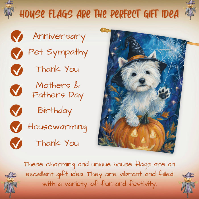 Westie Halloween House Flag Pumpkin Witch Hat Dog Large Outdoor Banner Fall Porch Yard Decoration 28 x 40 Inch