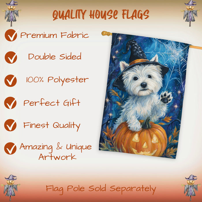 Westie Halloween House Flag Pumpkin Witch Hat Dog Large Outdoor Banner Fall Porch Yard Decoration 28 x 40 Inch