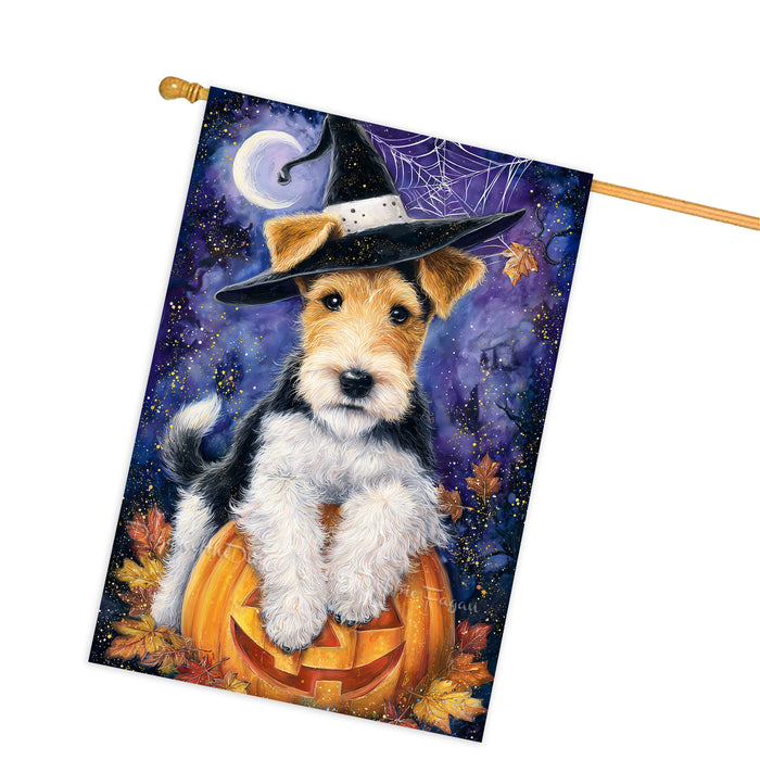 Wire Fox Terrier Halloween House Flag Pumpkin Witch Hat Dog Large Outdoor Banner Fall Porch Yard Decoration 28 x 40 Inch