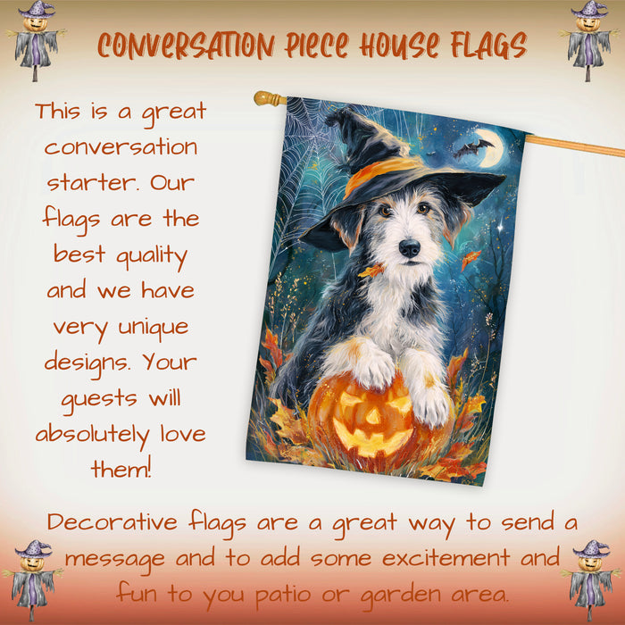 Wolfhound Halloween House Flag Full Moon Witch Hat Dog Large Outdoor Banner Pumpkin Fall Porch Yard Decoration 28 x 40 Inch