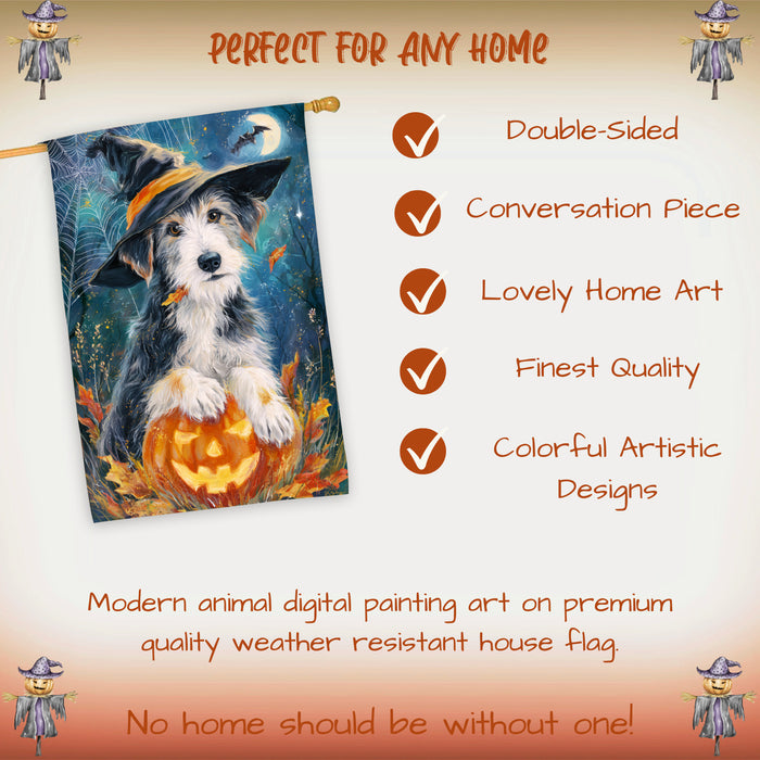 Wolfhound Halloween House Flag Full Moon Witch Hat Dog Large Outdoor Banner Pumpkin Fall Porch Yard Decoration 28 x 40 Inch