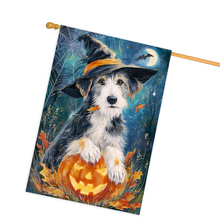 Wolfhound Halloween House Flag Full Moon Witch Hat Dog Large Outdoor Banner Pumpkin Fall Porch Yard Decoration 28 x 40 Inch