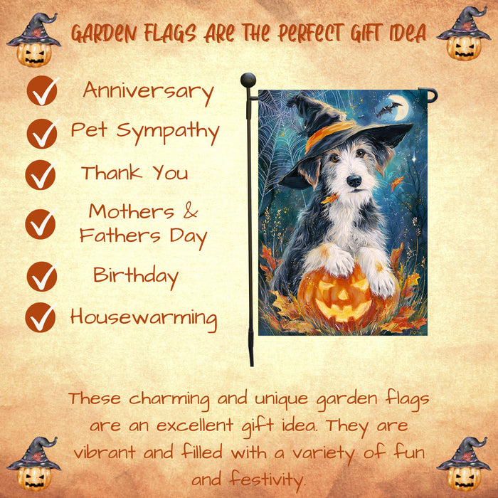Wolfhound Halloween Garden Flag Full Moon Witch Hat Dog Pumpkin Yard Banner Fall Outdoor Decor 12.5 x 18 Inch