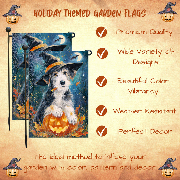 Wolfhound Halloween Garden Flag Full Moon Witch Hat Dog Pumpkin Yard Banner Fall Outdoor Decor 12.5 x 18 Inch