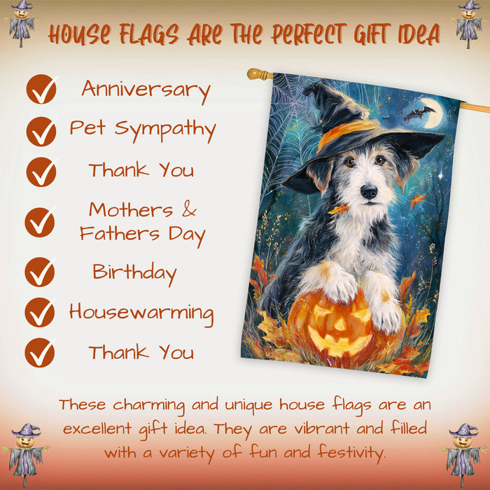 Wolfhound Halloween House Flag Full Moon Witch Hat Dog Large Outdoor Banner Pumpkin Fall Porch Yard Decoration 28 x 40 Inch