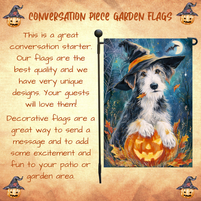 Wolfhound Halloween Garden Flag Full Moon Witch Hat Dog Pumpkin Yard Banner Fall Outdoor Decor 12.5 x 18 Inch