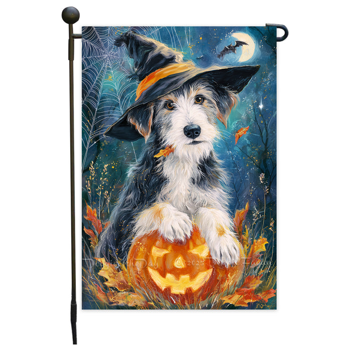 Wolfhound Halloween Garden Flag Full Moon Witch Hat Dog Pumpkin Yard Banner Fall Outdoor Decor 12.5 x 18 Inch