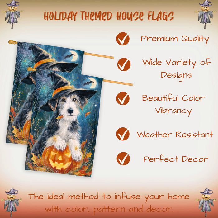 Wolfhound Halloween House Flag Full Moon Witch Hat Dog Large Outdoor Banner Pumpkin Fall Porch Yard Decoration 28 x 40 Inch