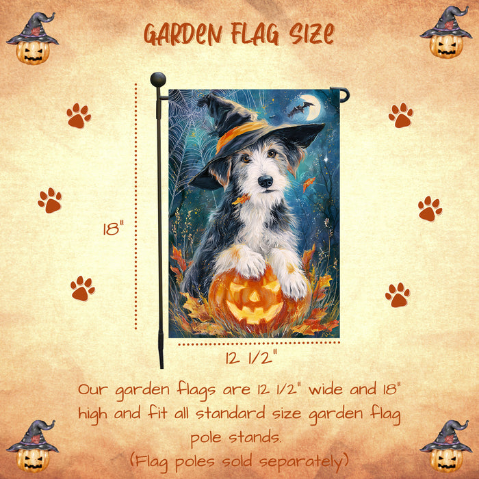 Wolfhound Halloween Garden Flag Full Moon Witch Hat Dog Pumpkin Yard Banner Fall Outdoor Decor 12.5 x 18 Inch