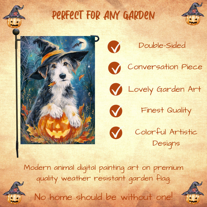 Wolfhound Halloween Garden Flag Full Moon Witch Hat Dog Pumpkin Yard Banner Fall Outdoor Decor 12.5 x 18 Inch