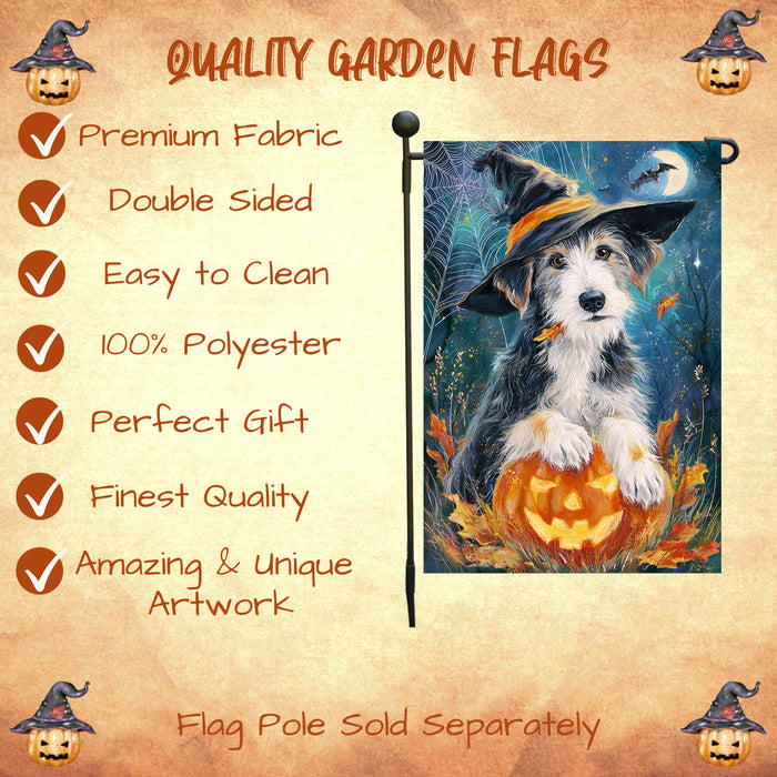Wolfhound Halloween Garden Flag Full Moon Witch Hat Dog Pumpkin Yard Banner Fall Outdoor Decor 12.5 x 18 Inch