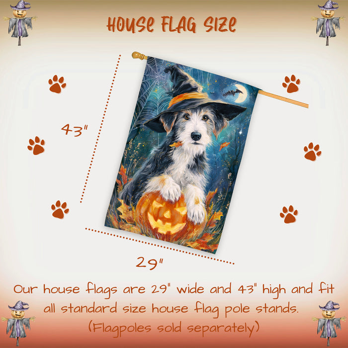 Wolfhound Halloween House Flag Full Moon Witch Hat Dog Large Outdoor Banner Pumpkin Fall Porch Yard Decoration 28 x 40 Inch