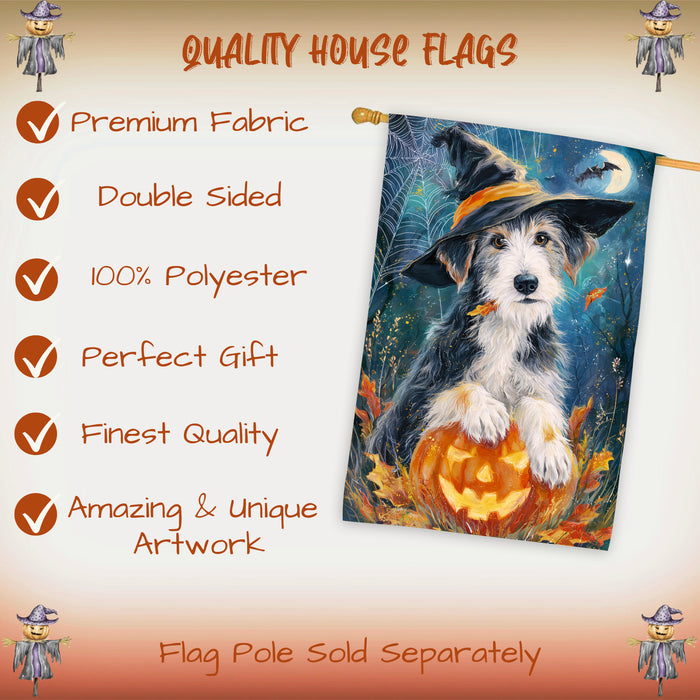 Wolfhound Halloween House Flag Full Moon Witch Hat Dog Large Outdoor Banner Pumpkin Fall Porch Yard Decoration 28 x 40 Inch