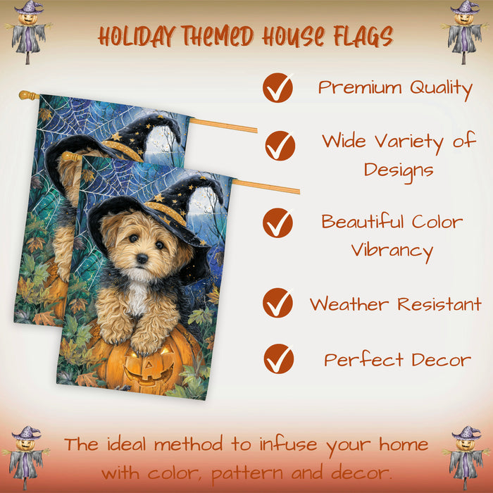 Yorkipoo Halloween House Flag Spooky Moon Pumpkin Dog Large Outdoor Banner Fall Porch Yard Decoration 28 x 40 Inch