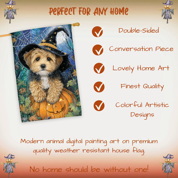 Yorkipoo Halloween House Flag Spooky Moon Pumpkin Dog Large Outdoor Banner Fall Porch Yard Decoration 28 x 40 Inch