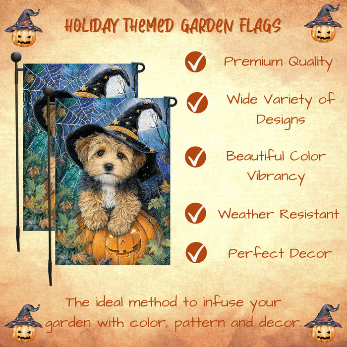 Yorkipoo Halloween Garden Flag Spooky Moon Pumpkin Dog Yard Banner Fall Outdoor Decor 12.5 x 18 Inch