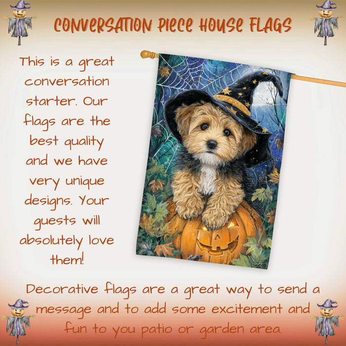 Yorkipoo Halloween House Flag Spooky Moon Pumpkin Dog Large Outdoor Banner Fall Porch Yard Decoration 28 x 40 Inch