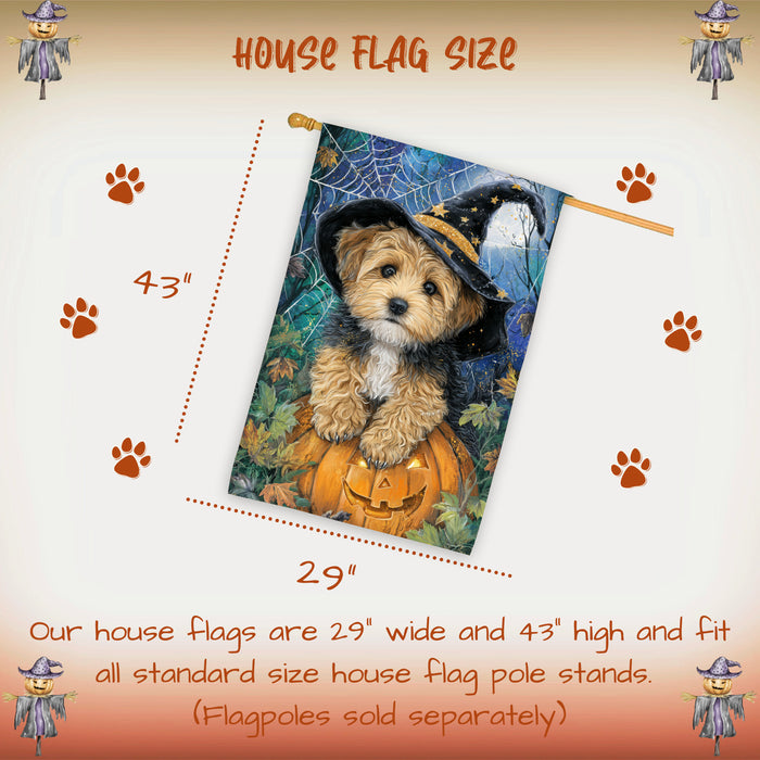 Yorkipoo Halloween House Flag Spooky Moon Pumpkin Dog Large Outdoor Banner Fall Porch Yard Decoration 28 x 40 Inch