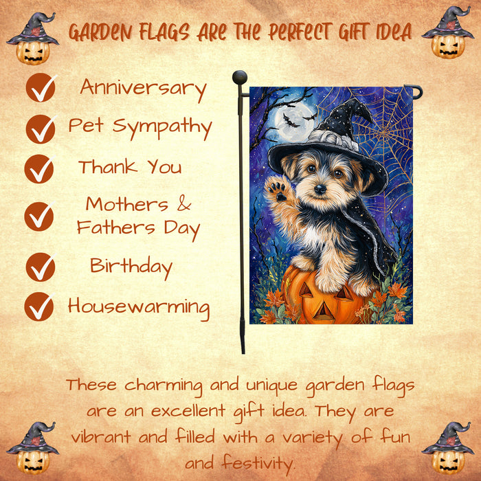 Yorkshire Terrier Halloween Garden Flag Pumpkin Witch Hat Dog Yard Banner Fall Outdoor Lawn Porch Decor for Pet Lovers 12.5 x 18 Inch