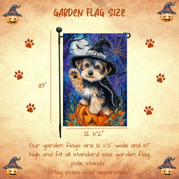 Yorkshire Terrier Halloween Garden Flag Pumpkin Witch Hat Dog Yard Banner Fall Outdoor Lawn Porch Decor for Pet Lovers 12.5 x 18 Inch