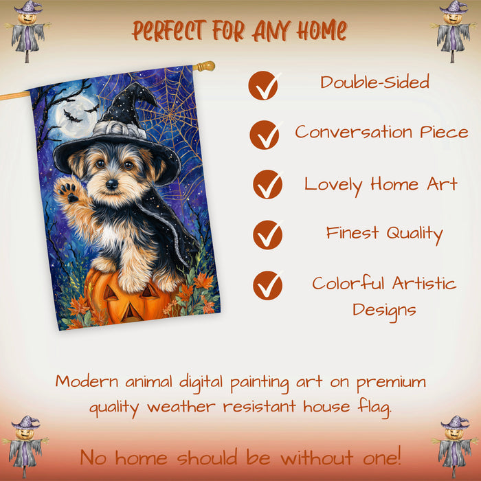 Yorkshire Terrier Halloween House Flag Pumpkin Witch Hat Dog Large Outdoor Banner Fall Porch Yard Decoration 28 x 40 Inch