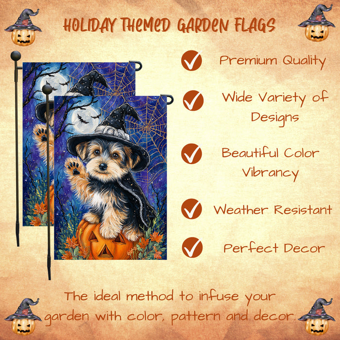 Yorkshire Terrier Halloween Garden Flag Pumpkin Witch Hat Dog Yard Banner Fall Outdoor Lawn Porch Decor for Pet Lovers 12.5 x 18 Inch