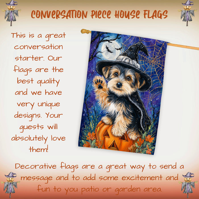 Yorkshire Terrier Halloween House Flag Pumpkin Witch Hat Dog Large Outdoor Banner Fall Porch Yard Decoration 28 x 40 Inch