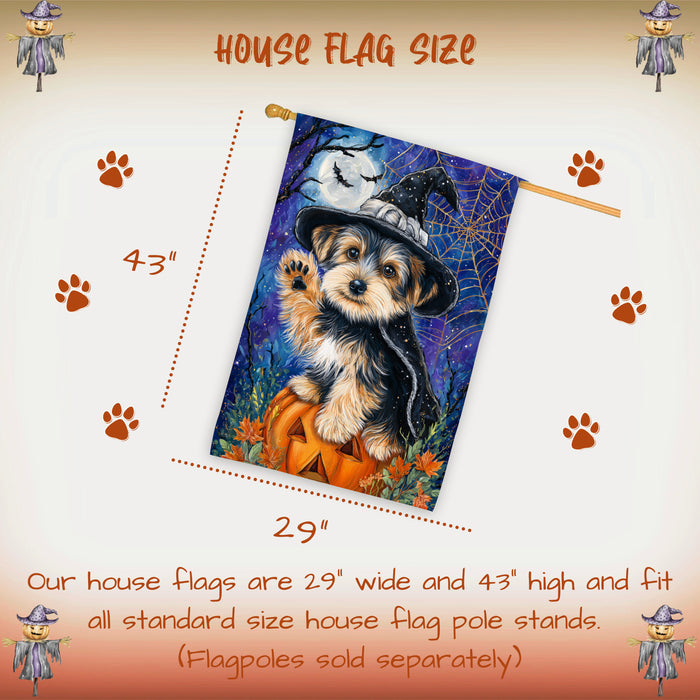 Yorkshire Terrier Halloween House Flag Pumpkin Witch Hat Dog Large Outdoor Banner Fall Porch Yard Decoration 28 x 40 Inch