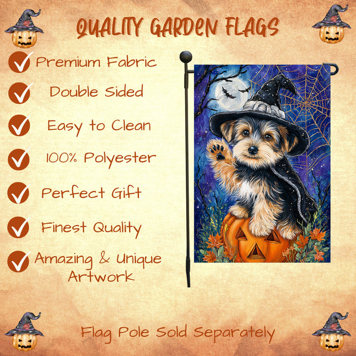 Yorkshire Terrier Halloween Garden Flag Pumpkin Witch Hat Dog Yard Banner Fall Outdoor Lawn Porch Decor for Pet Lovers 12.5 x 18 Inch
