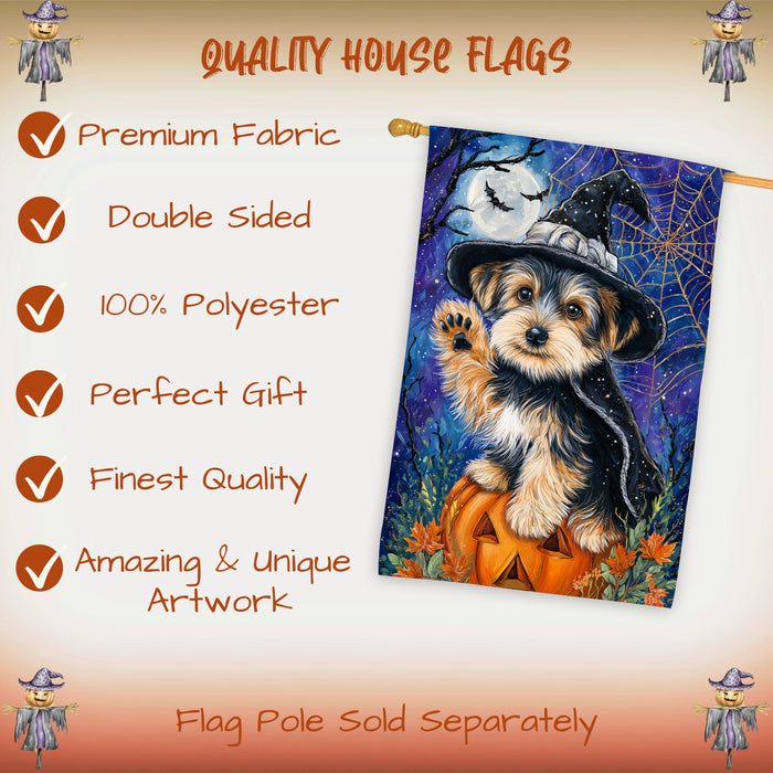 Yorkshire Terrier Halloween House Flag Pumpkin Witch Hat Dog Large Outdoor Banner Fall Porch Yard Decoration 28 x 40 Inch