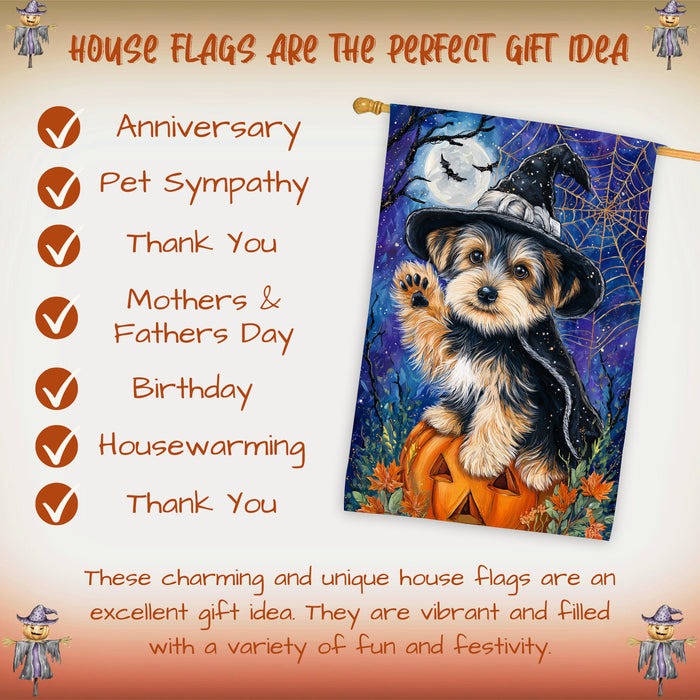 Yorkshire Terrier Halloween House Flag Pumpkin Witch Hat Dog Large Outdoor Banner Fall Porch Yard Decoration 28 x 40 Inch