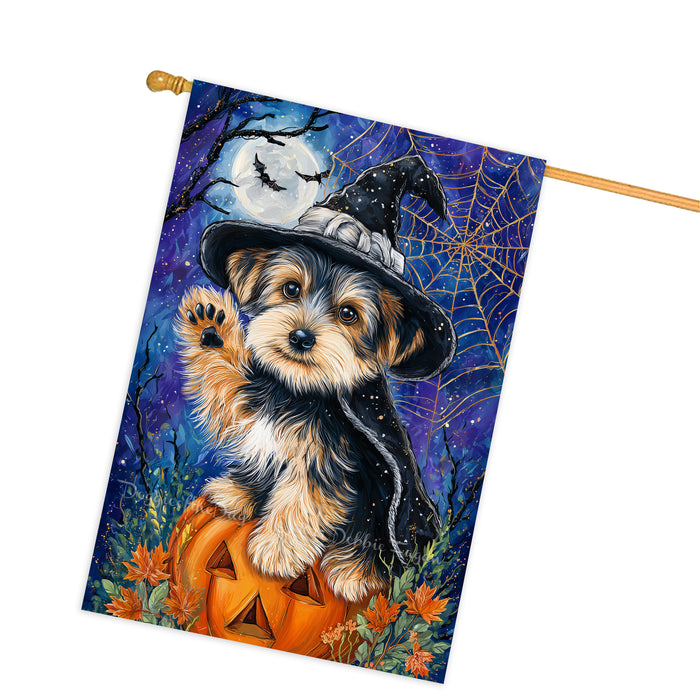 Yorkshire Terrier Halloween House Flag Pumpkin Witch Hat Dog Large Outdoor Banner Fall Porch Yard Decoration 28 x 40 Inch