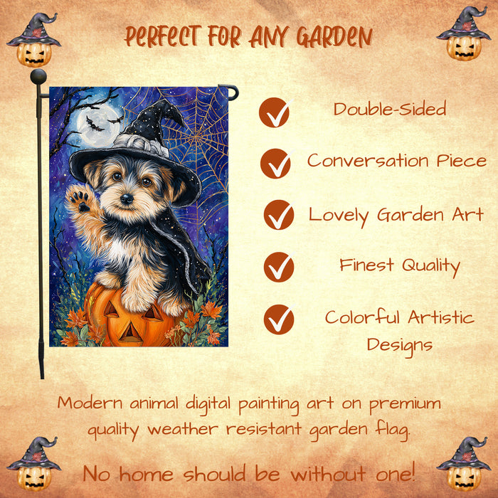 Yorkshire Terrier Halloween Garden Flag Pumpkin Witch Hat Dog Yard Banner Fall Outdoor Lawn Porch Decor for Pet Lovers 12.5 x 18 Inch