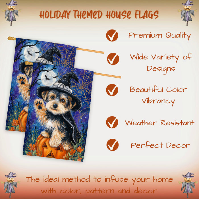 Yorkshire Terrier Halloween House Flag Pumpkin Witch Hat Dog Large Outdoor Banner Fall Porch Yard Decoration 28 x 40 Inch
