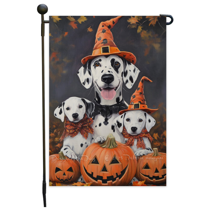 Dalmatian Pumpkins with Carving Smiles Autumn Leaves Garden Yard Flag for Dog Lovers Spider Web Bat Holiday Flag for Yard Pet Lovers Halloween Puppies Garden Flag
