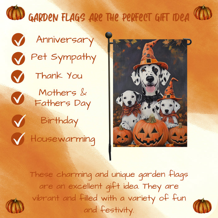 Dalmatian Pumpkins with Carving Smiles Autumn Leaves Garden Yard Flag for Dog Lovers Spider Web Bat Holiday Flag for Yard Pet Lovers Halloween Puppies Garden Flag