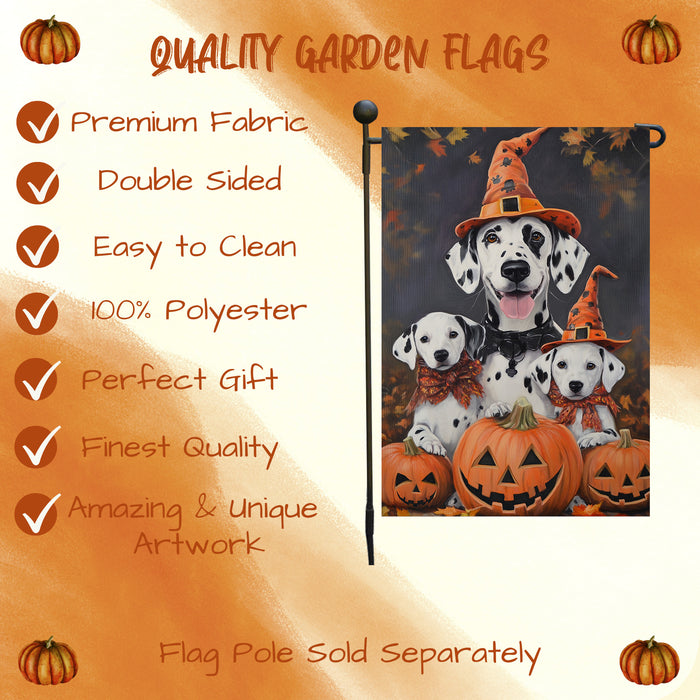 Dalmatian Pumpkins with Carving Smiles Autumn Leaves Garden Yard Flag for Dog Lovers Spider Web Bat Holiday Flag for Yard Pet Lovers Halloween Puppies Garden Flag