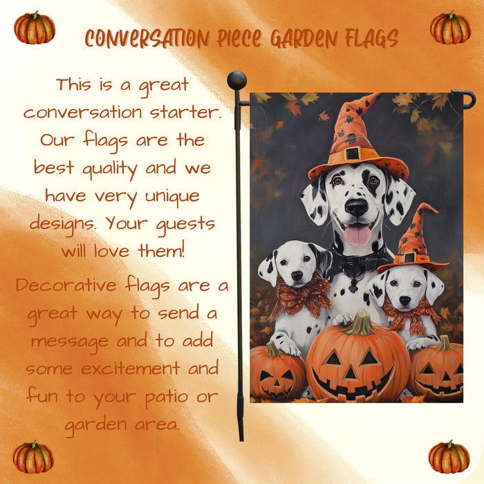 Dalmatian Pumpkins with Carving Smiles Autumn Leaves Garden Yard Flag for Dog Lovers Spider Web Bat Holiday Flag for Yard Pet Lovers Halloween Puppies Garden Flag