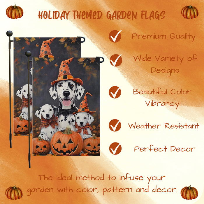 Dalmatian Pumpkins with Carving Smiles Autumn Leaves Garden Yard Flag for Dog Lovers Spider Web Bat Holiday Flag for Yard Pet Lovers Halloween Puppies Garden Flag