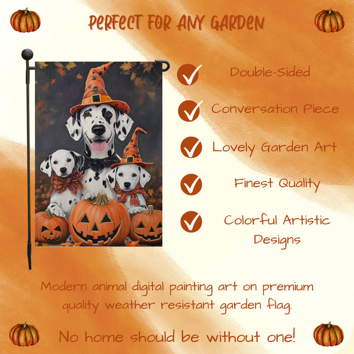 Dalmatian Pumpkins with Carving Smiles Autumn Leaves Garden Yard Flag for Dog Lovers Spider Web Bat Holiday Flag for Yard Pet Lovers Halloween Puppies Garden Flag