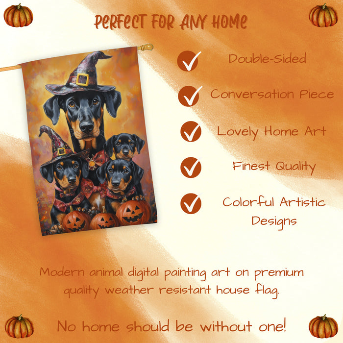 Doberman Pinscher Dog Halloween House Flag Witch Hat Pumpkin Fall Outdoor Welcome Decor for Porch Garden and Lawn Autumn Home Decoration
