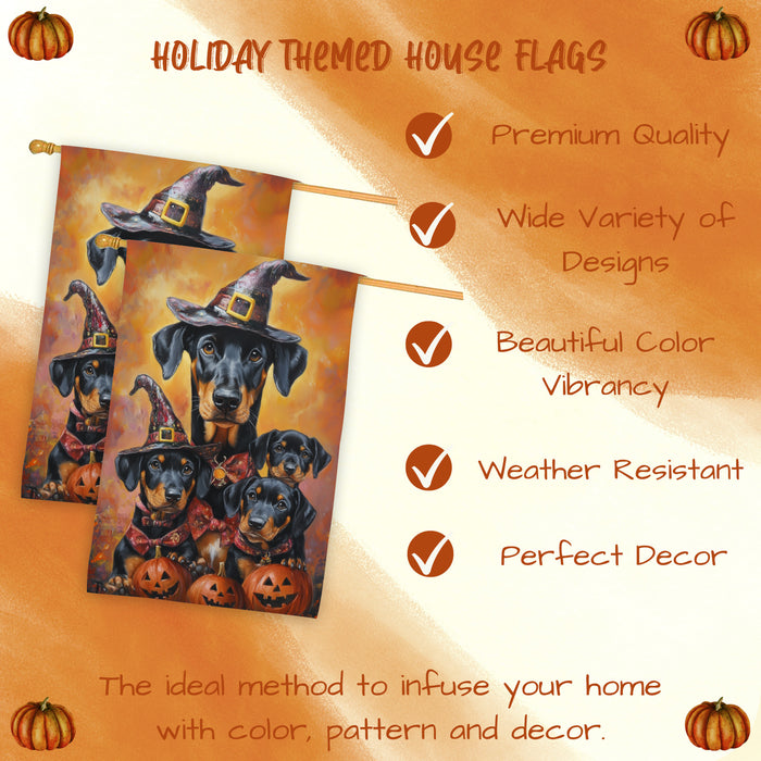 Doberman Pinscher Dog Halloween House Flag Witch Hat Pumpkin Fall Outdoor Welcome Decor for Porch Garden and Lawn Autumn Home Decoration