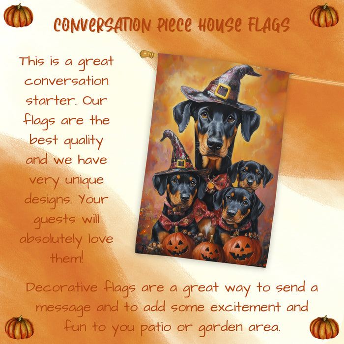 Doberman Pinscher Dog Halloween House Flag Witch Hat Pumpkin Fall Outdoor Welcome Decor for Porch Garden and Lawn Autumn Home Decoration
